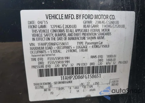 2015 Ford Taurus Se из США, поврежденный, VIN 1FAHP2D86FG158651